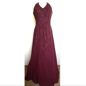 Burgundy Red Floral Long Halter Beaded Prom Dress